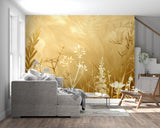 Botanical Wall Mural creating warm atmosphere in master bedroom with golden accents
