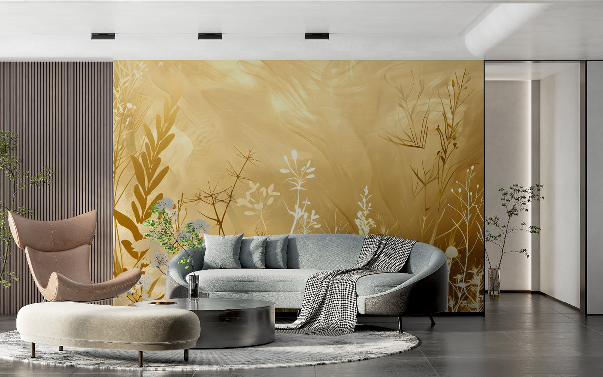 Golden Floral Wallpaper adding elegance to home office with minimal furniture