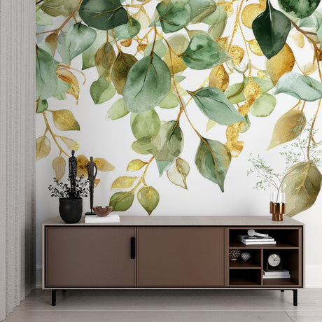 Botanical leaf wallpaper in modern living room, natural light highlighting gold accents
