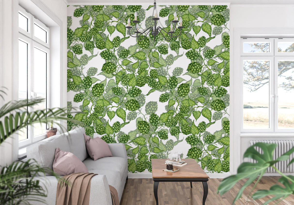 Botanical wallpaper with green hop pattern bringing life to a modern dining room setting
