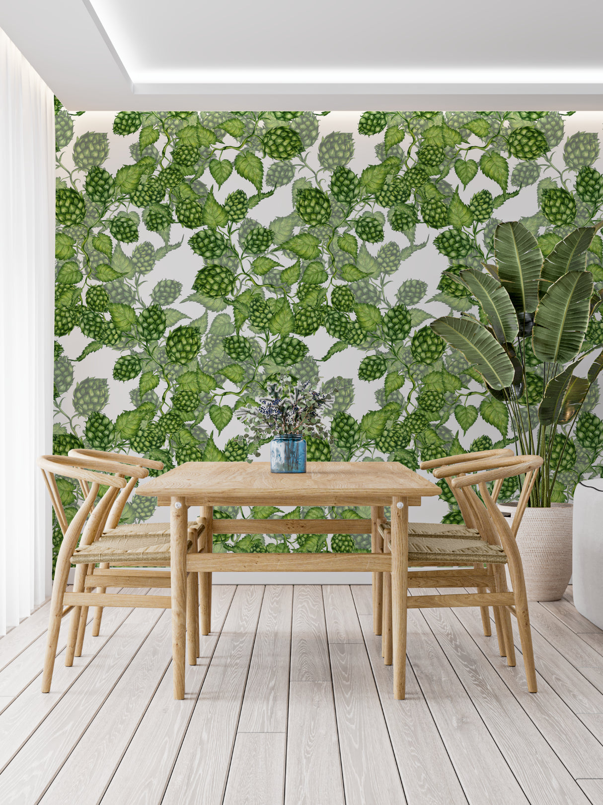 Fresh green hop pattern mural creating depth in a bright living room space
