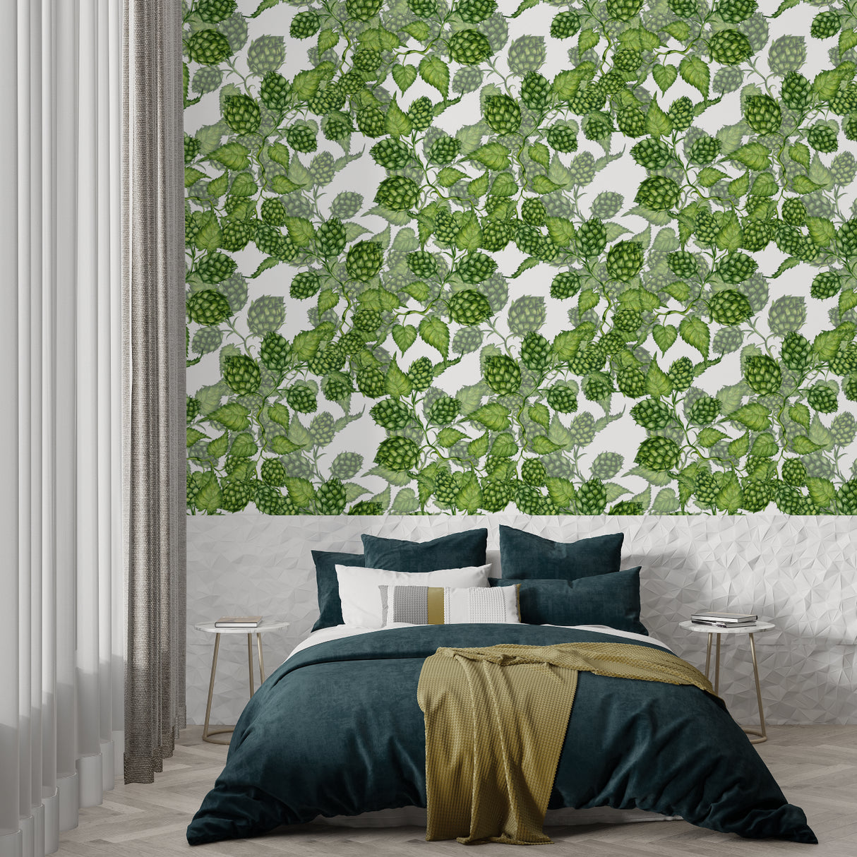 Botanical wall mural showcasing detailed hop design in a home office setting
