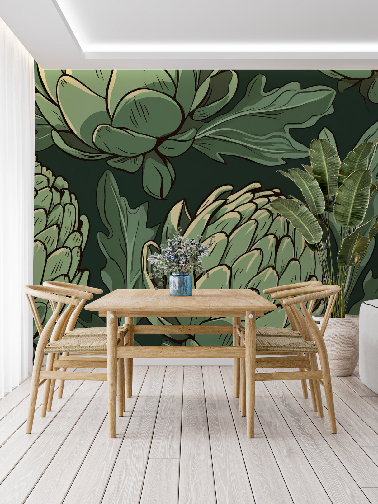 Botanical wallpaper with large artichoke design in a modern dining room, creating a fresh green accent wall