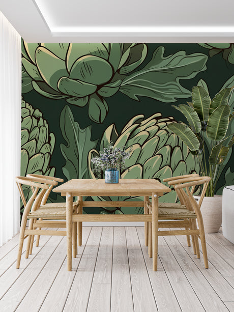 Botanical wallpaper with large artichoke design in a modern dining room, creating a fresh green accent wall