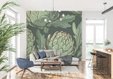 Large-scale botanical mural featuring artichokes in an elegant home office