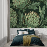 Botanical wall mural showing artichoke pattern in a contemporary kitchen space