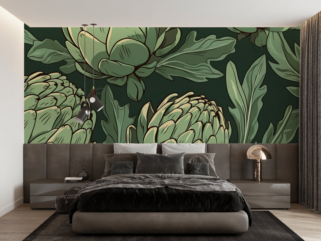 Green artichoke wallpaper creating depth in a modern hallway setting