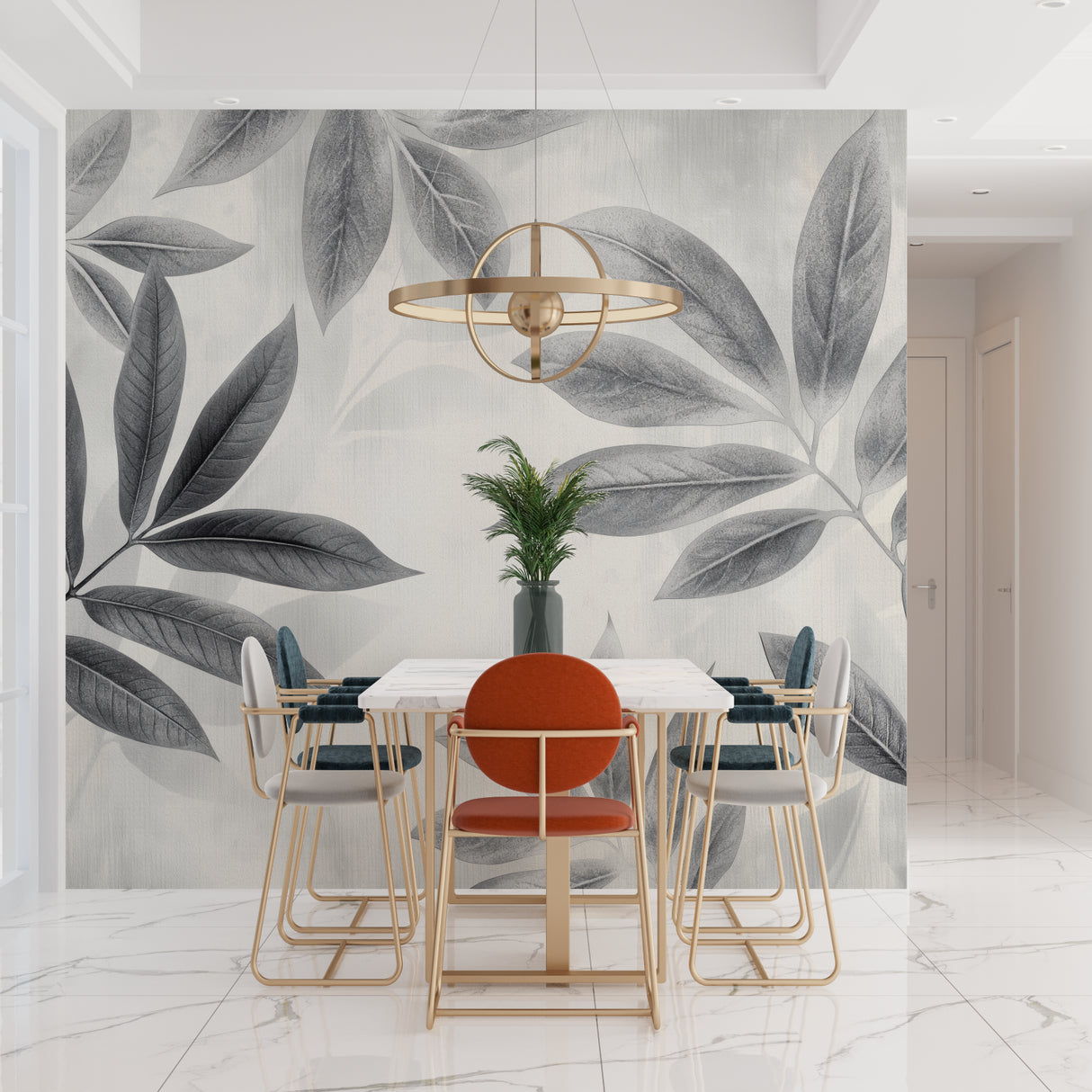 Botanical grey leaf wallpaper in modern living room showing large-scale pattern and natural light