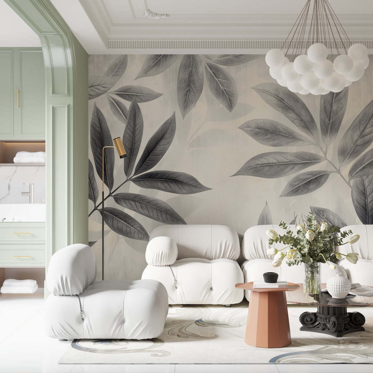 Large grey leaf pattern wallpaper in dining room with contemporary furniture