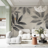 Large grey leaf pattern wallpaper in dining room with contemporary furniture