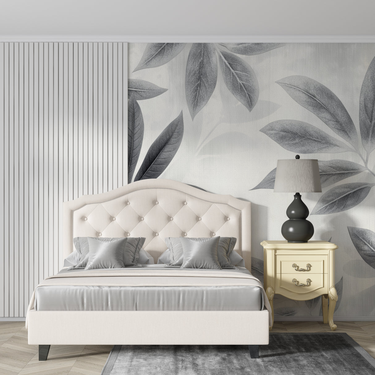 Botanical leaf mural in home office showing scale and subtle details