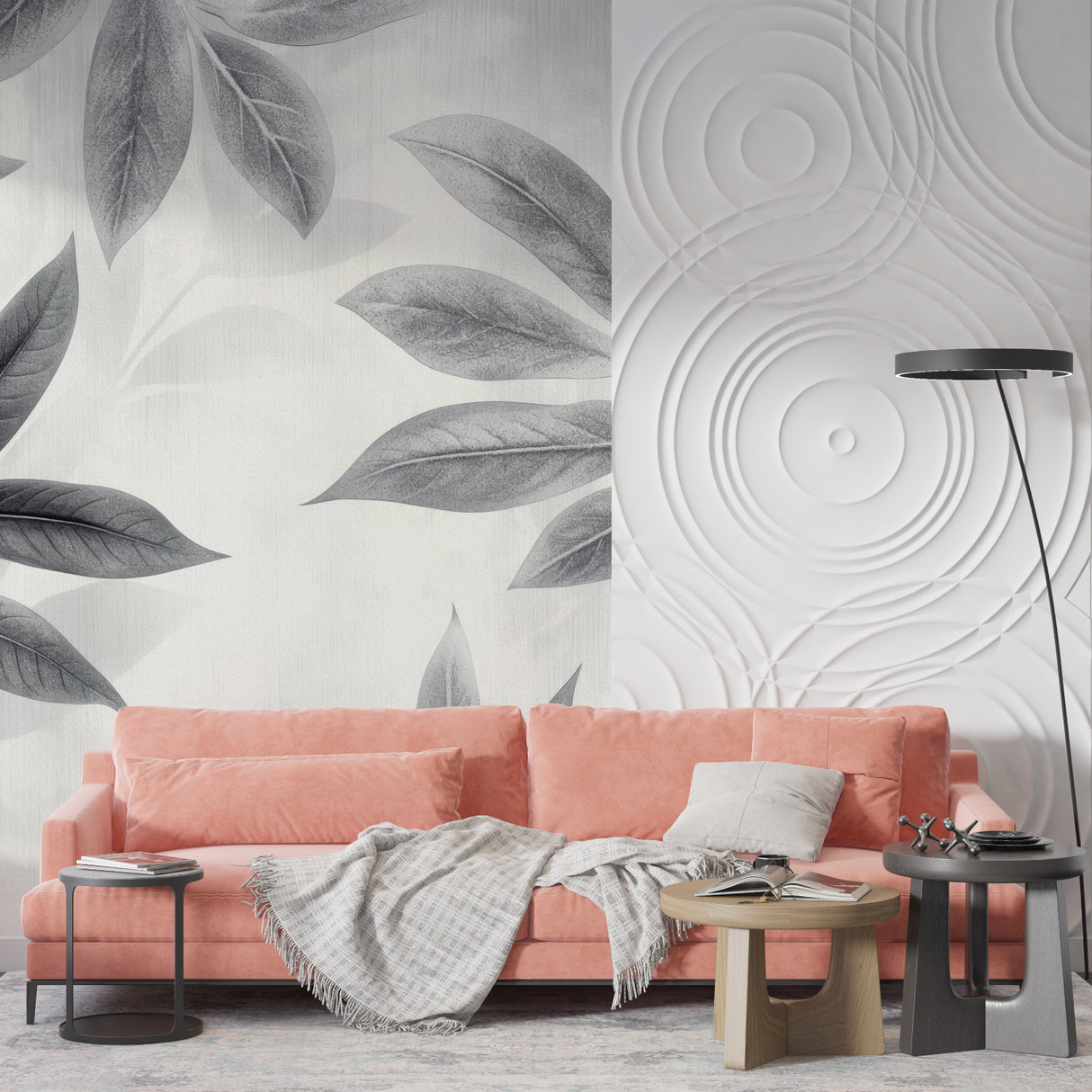 Grey foliage wallpaper in entrance hall creating elegant welcome