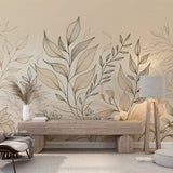 Botanical line art wallpaper creating a peaceful atmosphere in a modern living room with beige accents