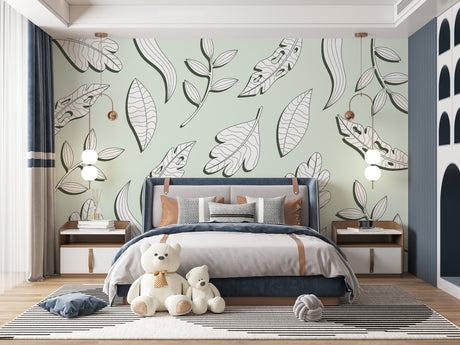 Botanical line art wallpaper in a bright modern living room showing mint green and black leaf design