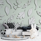 Contemporary bathroom with mint green botanical wall mural adding natural elements