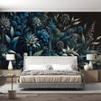 Botanical wallpaper in modern dining room showing deep blue florals against black background