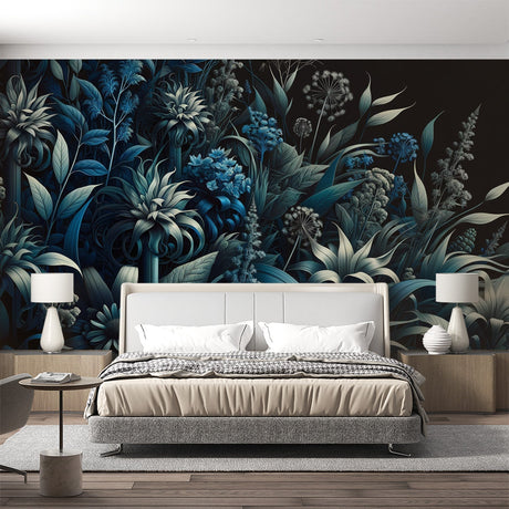 Botanical wallpaper in modern dining room showing deep blue florals against black background