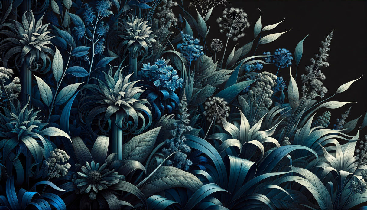 Dark floral mural creating drama in master bedroom setting