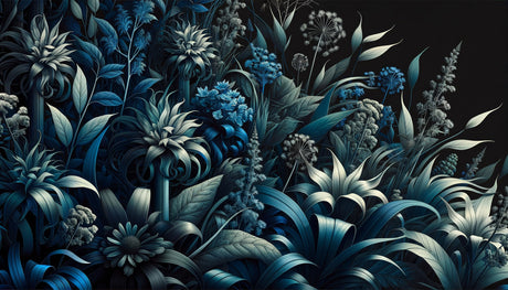 Dark floral mural creating drama in master bedroom setting