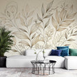Botanical line art wallpaper in a bright modern living room showing delicate beige leaf patterns
