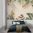 Botanical wallpaper with orange berries in modern living room setting