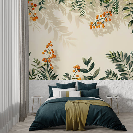 Botanical wallpaper with orange berries in modern living room setting
