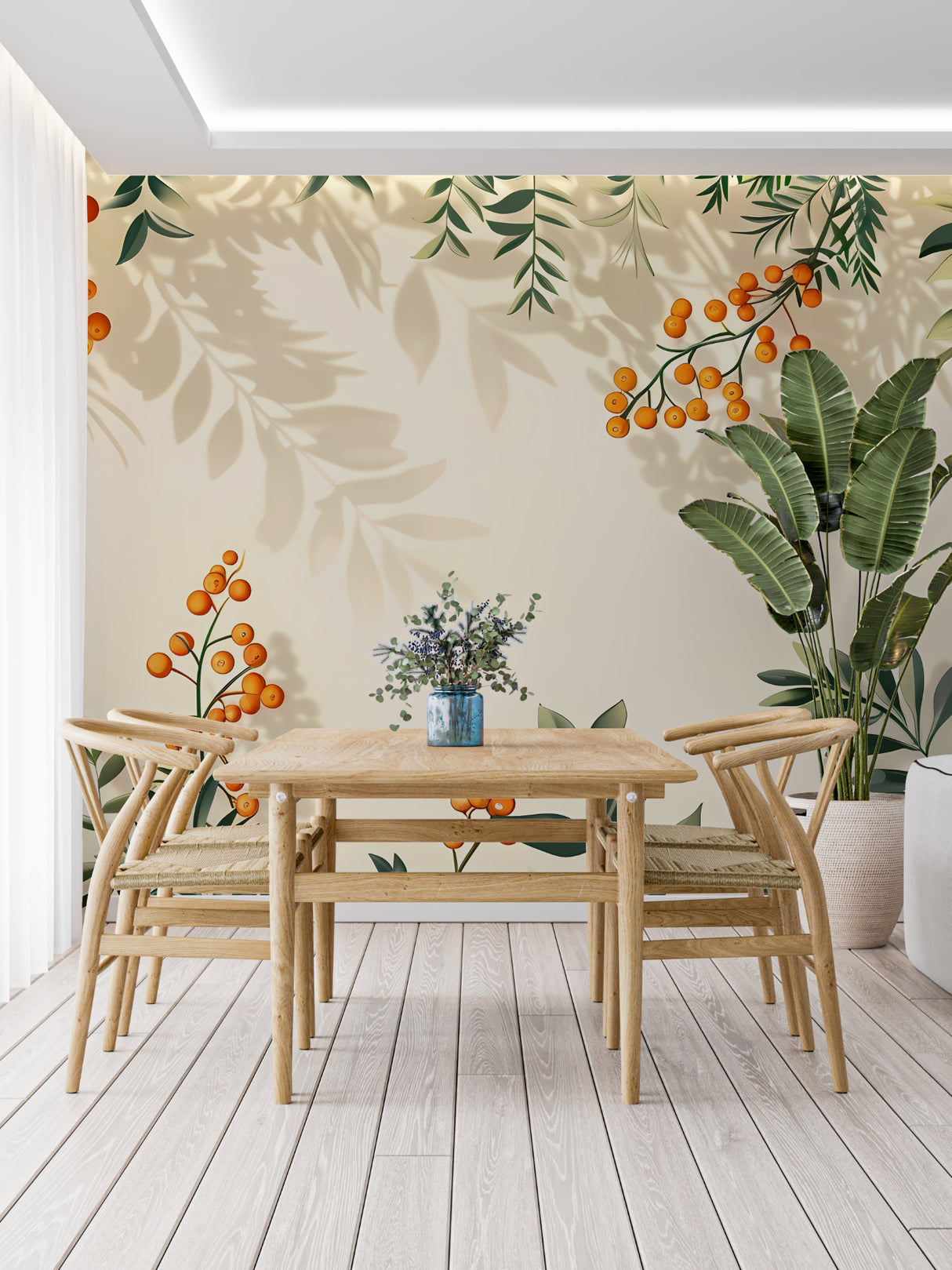 Nature-inspired wall mural brightening a dining room space
