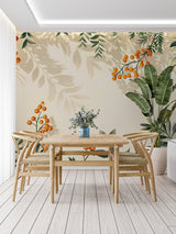 Nature-inspired wall mural brightening a dining room space