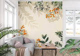 Botanical berry wallpaper creating warmth in bedroom setting