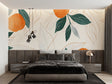 Botanical orange tree wallpaper in a bright modern kitchen showing fruits and leaves pattern