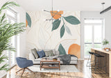 Orange tree wall mural creating a fresh feel in a dining room setting