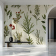 Botanical wallpaper with red flowers in a bright dining room showing vintage herb illustrations