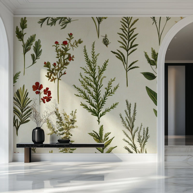 Botanical wallpaper with red flowers in a bright dining room showing vintage herb illustrations