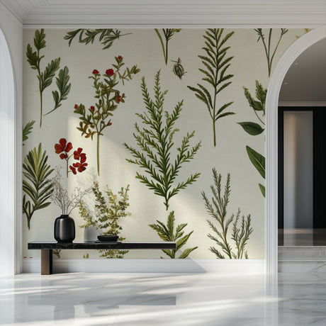 Botanical wallpaper with red flowers in a bright dining room showing vintage herb illustrations