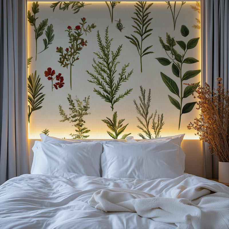 Herb and flower wallpaper creating peaceful atmosphere in living room