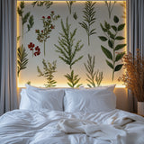 Herb and flower wallpaper creating peaceful atmosphere in living room
