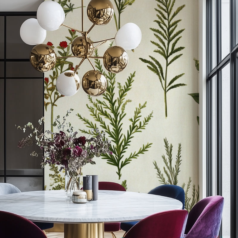 Botanical wall mural showcasing red blooms in modern bedroom setting