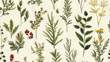 Design file of vintage botanical pattern with detailed herbs and red flowers on beige background