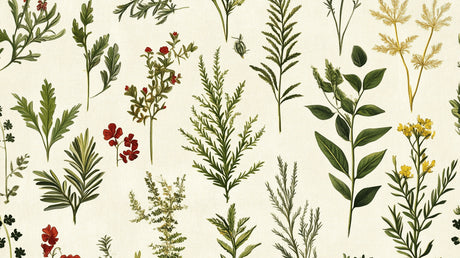 Design file of vintage botanical pattern with detailed herbs and red flowers on beige background