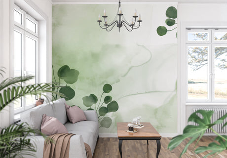 Botanical wallpaper mural bringing fresh energy to a modern living room with white furniture