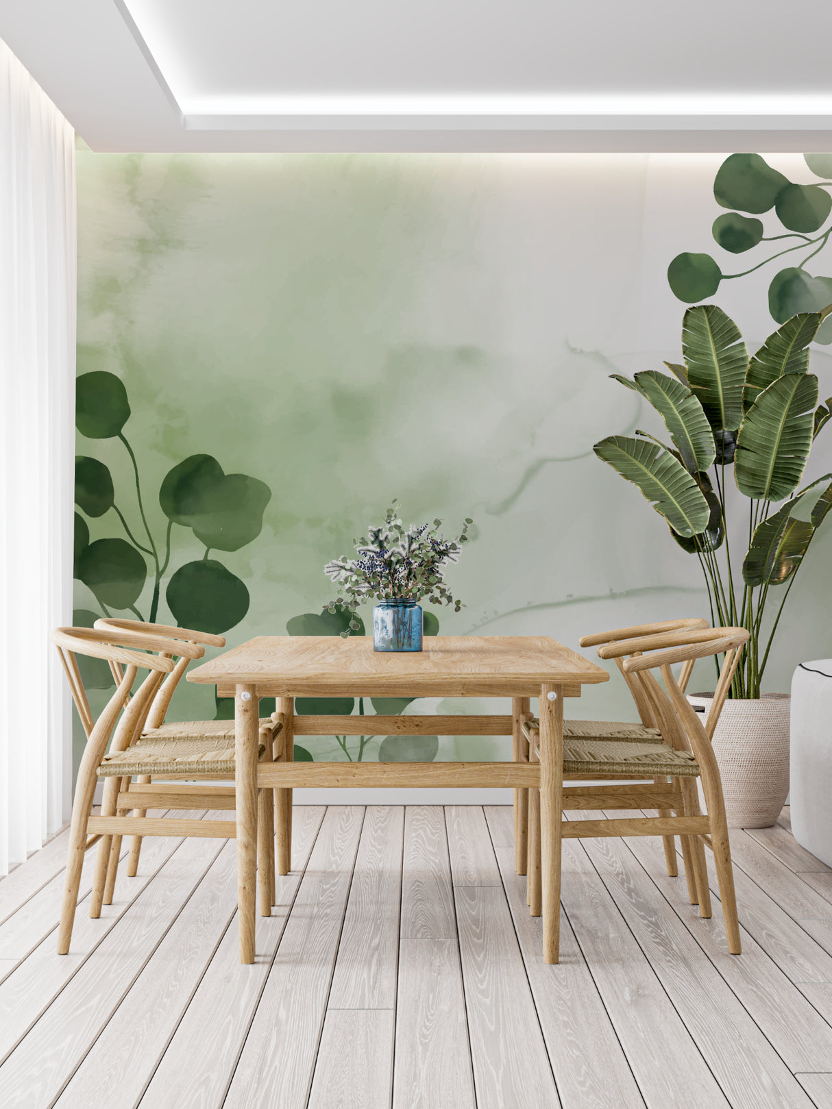 Watercolor leaf mural adding natural charm to a minimalist dining room space