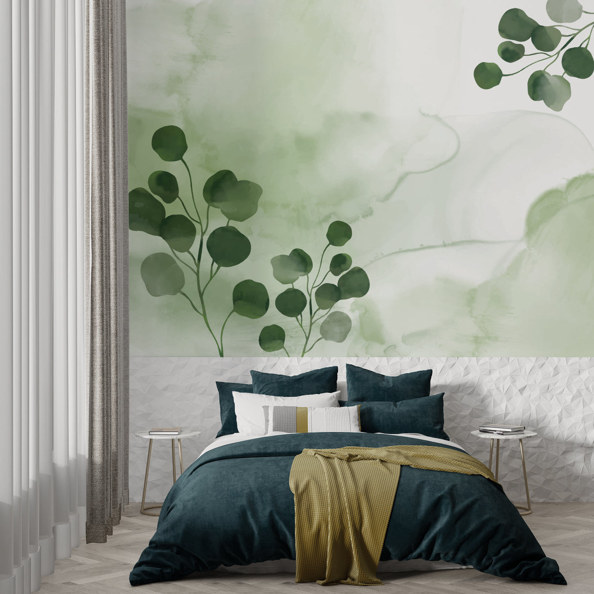 Botanical wall mural brightening up a cozy bedroom with soft morning light