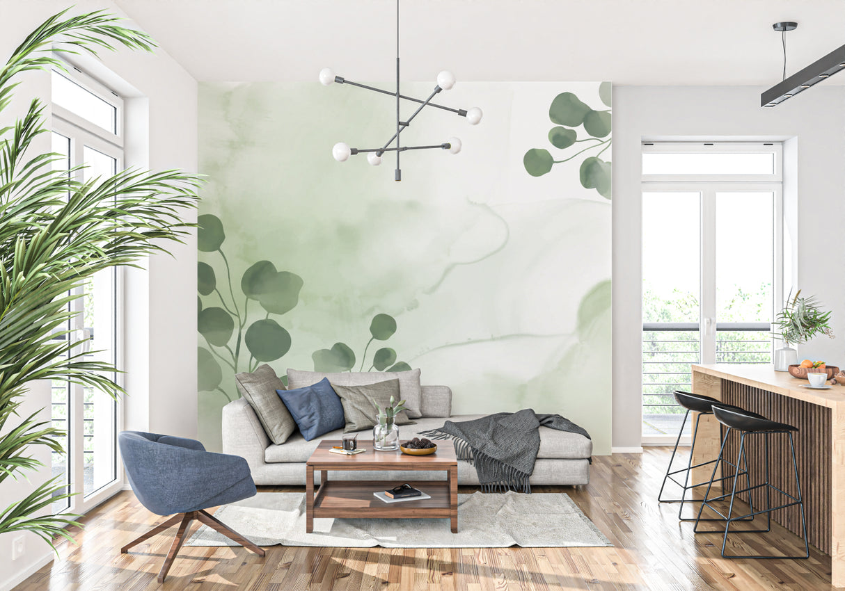 Green botanical wallpaper creating depth in a contemporary entrance hall