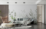 Botanical watercolor mural in modern nursery with green accents