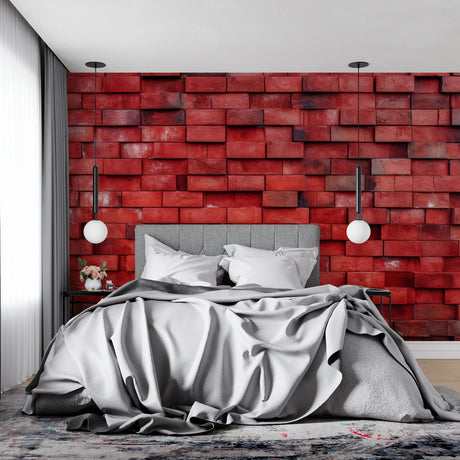 Red brick mural wallpaper in modern living room showing 3D texture effect