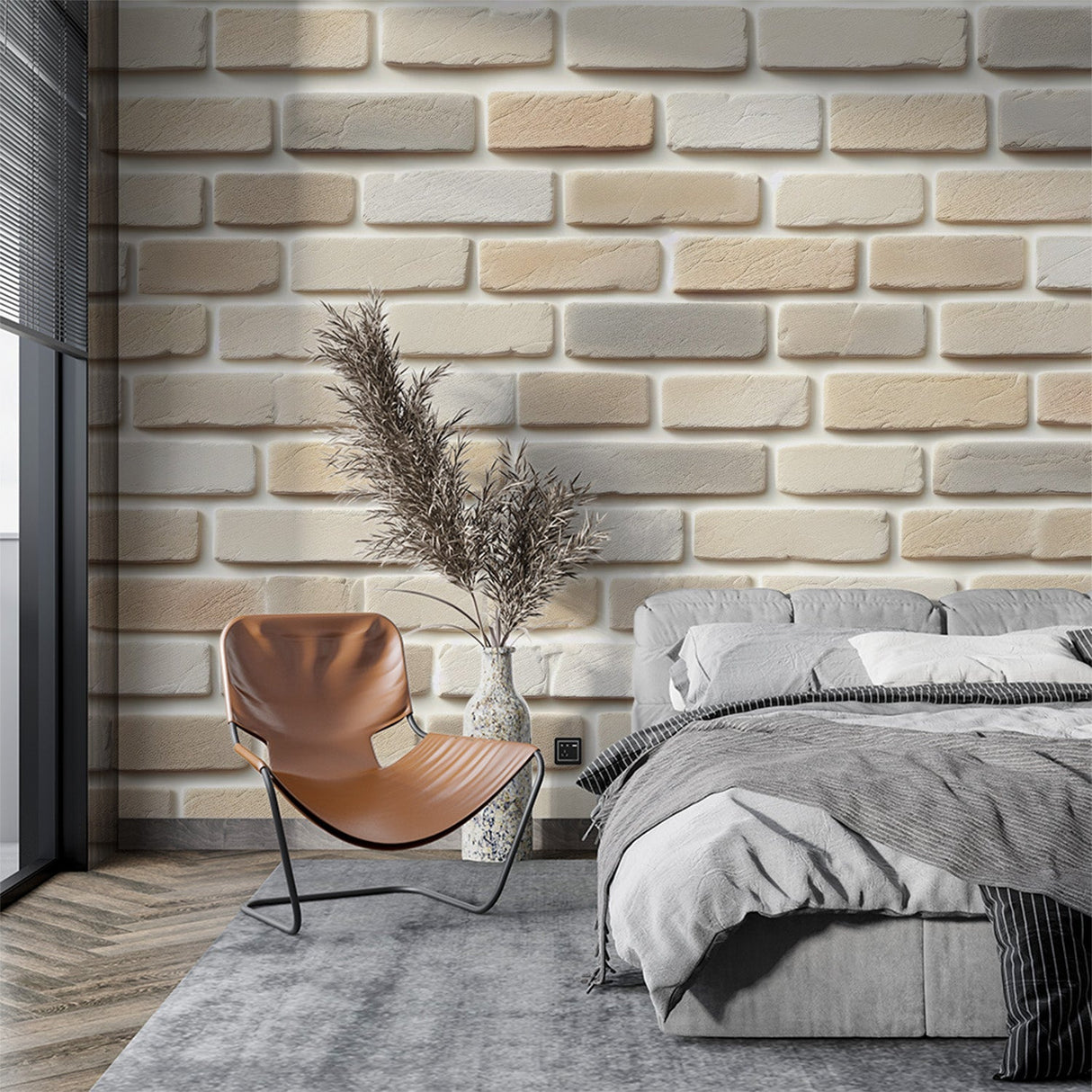 Brick effect wallpaper in modern living room showing beige and white textured design creating depth and warmth