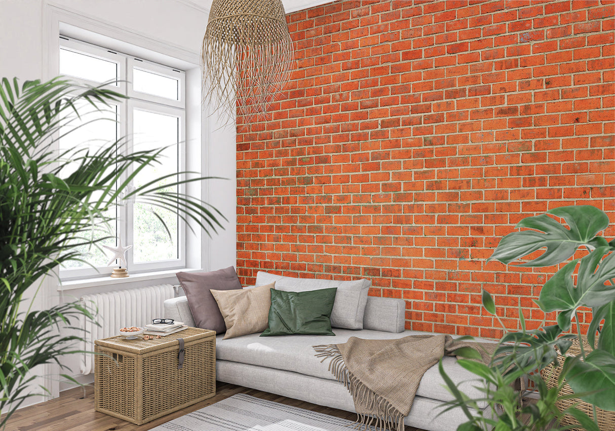 Brick wallpaper feature wall in kitchen with stainless steel appliances