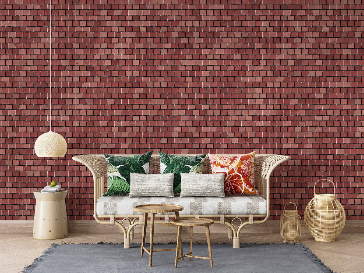 Classic brick mural wallpaper in dining room showing depth and texture