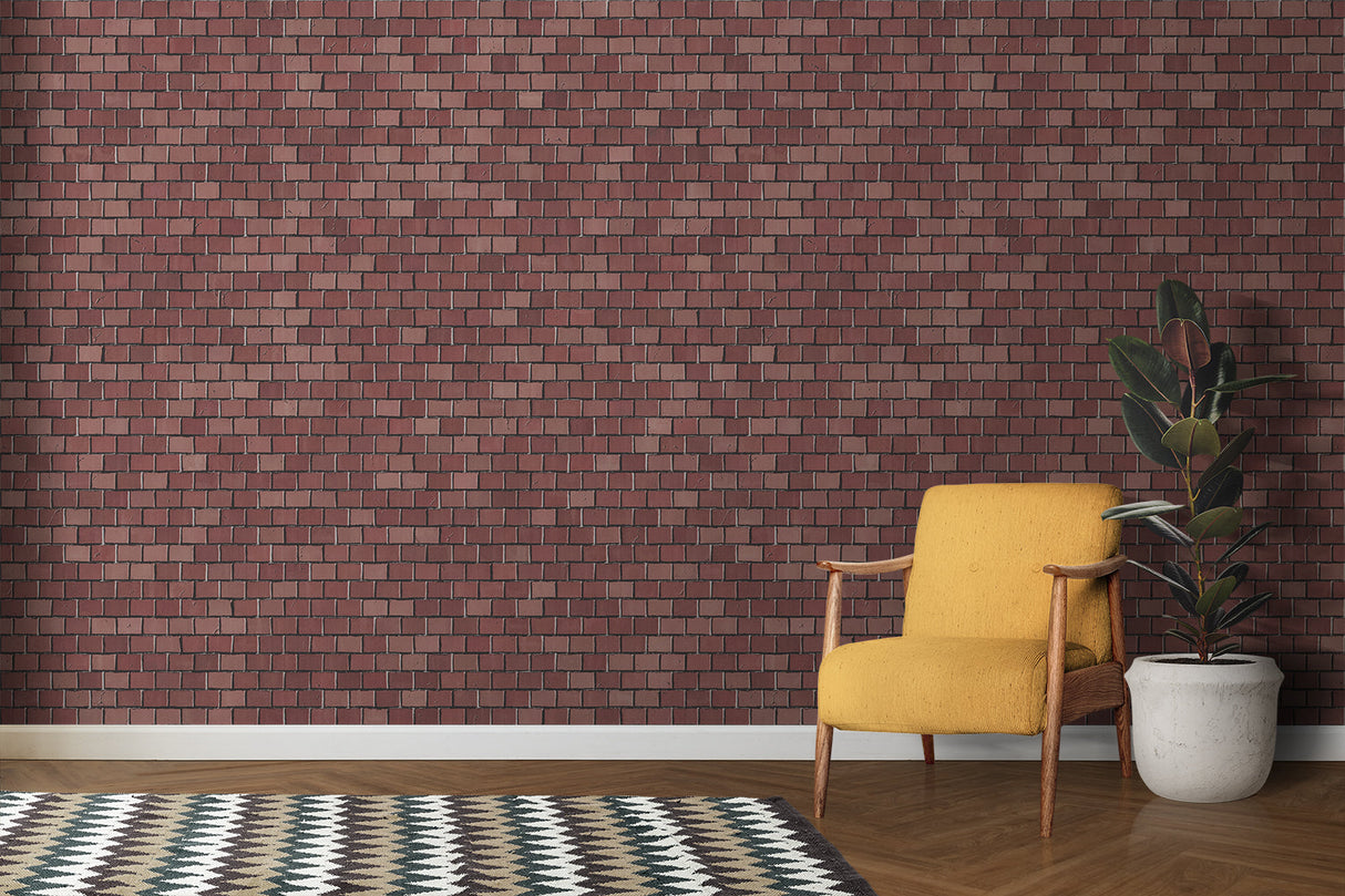 Red brick wallpaper adding character to kitchen accent wall