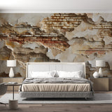 Distressed brick wallpaper in modern industrial loft living room showing exposed terracotta and white plaster textures